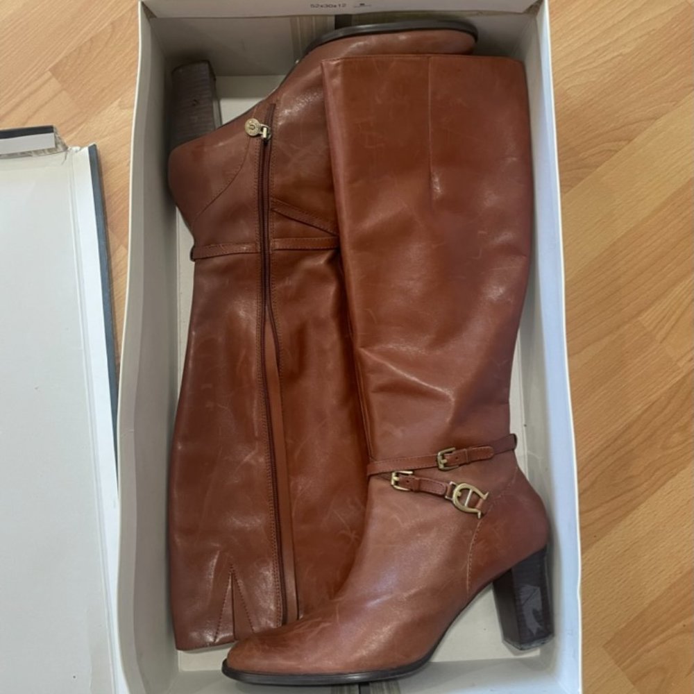 Etienne Aigner Tall Brown Leather Boots with Chunky Tall (8.5)